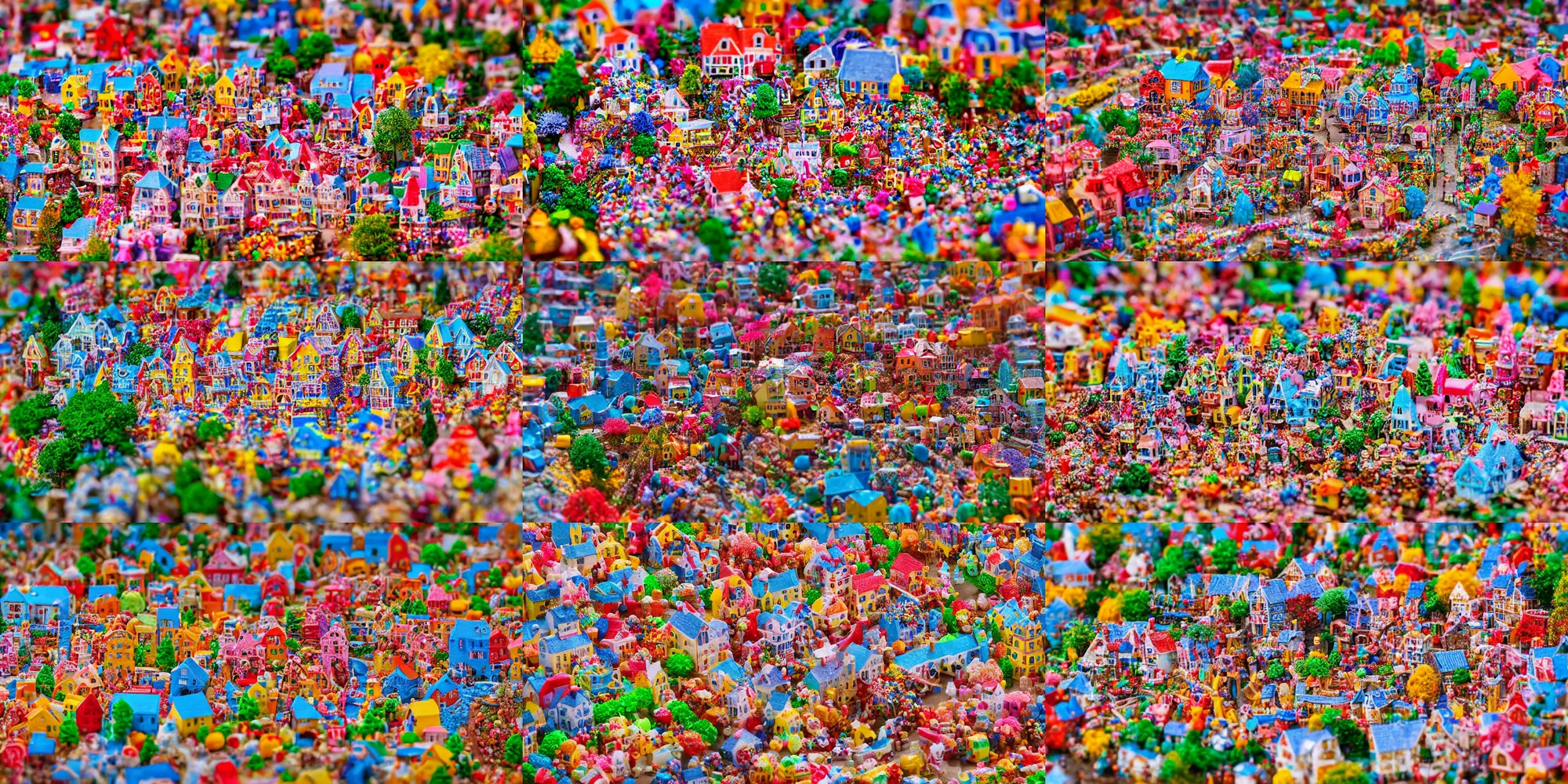 Prompt: tilt - shift photograph of a village made of candy, whimsical, joyful, colorful, vibrant, highly detailed, extreme details