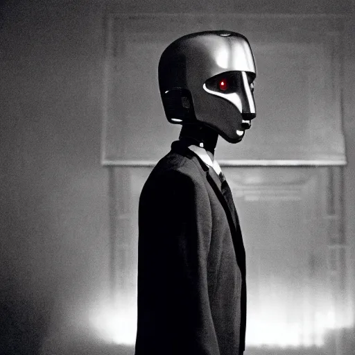 Image similar to movie scene of a man with a robot head, movie still, cinematic composition, cinematic lightning, Movie by David Lynch and Andrzej Żuławski