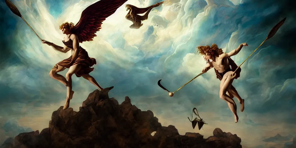 Image similar to Icarus trying to catch a quidditch, by Rolf Armstrong and Evelyn De Morgan and Bastien Lecouffe-Deharme, dramatic lighting, high contrast colors, baroque, empyrean, panoramic view, as trending on Artstation, highly detailed, doom engine,