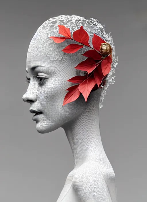 Image similar to complex 3d render ultra detailed of a beautiful porcelain profile woman face, mechanical vegetal cyborg, 150 mm, beautiful studio soft light, rim light, silver gold red details, magnolia big filigran leaves and stems, roots, Alexander Mcqueen haute couture, fine foliage lace, mesh wire, filigran metallic intricate details, hyperrealistic, mandelbrot fractal, anatomical, silver metal armor, facial muscles, cable wires, microchip, elegant, white background, beautiful white teeth, octane render, H.R. Giger style, 8k