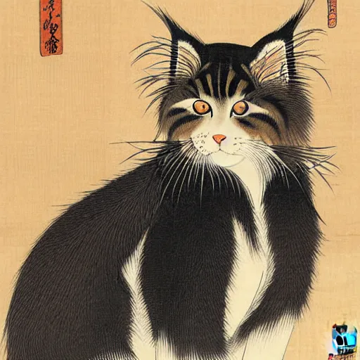 Image similar to beautiful portrait ukiyo - e painting of an ginger maine coon by kano hideyori, kano tan'yu, kaigetsudo ando, miyagawa choshun, okumura masanobu, kitagawa utamaro