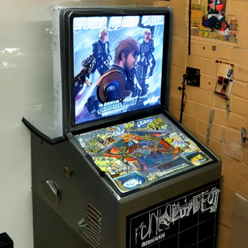 Image similar to photograph of metal gear solid themed pinball machine