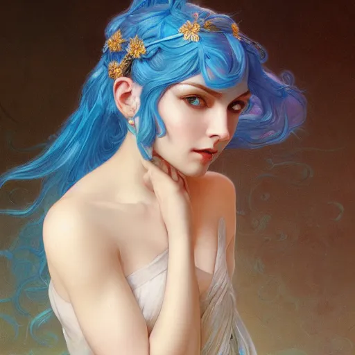 Image similar to goddess, blue hair, intricate, elegant, ethereal, highly detailed, retro, digital painting, artstation, concept art, smooth, sharp focus, full body shot, illustration, art by artgerm and greg rutkowski and alphonse mucha