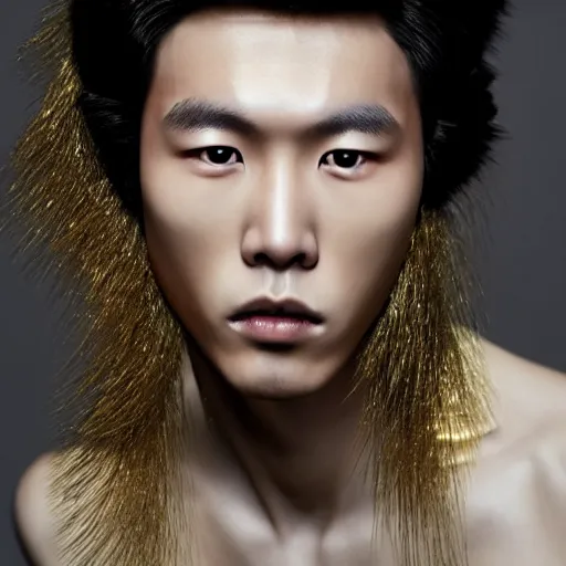 Image similar to a beautiful young male korean model wearing a hairsculpture made of hair and gold string, photoshot by erwin olaf