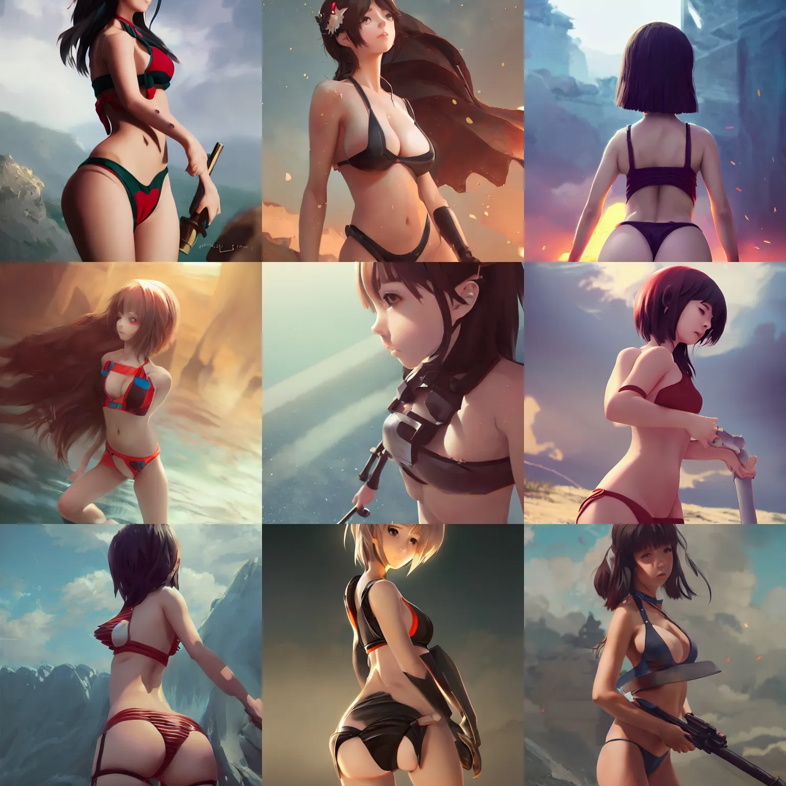 Image similar to kodak portra. by wlop, ilya kuvshinov, krenz cushart, greg rutkowski, trending on pixiv. zbrush sculpt, octane, maya, houdini, vfx. cute anime girl wearing bikini armor. digital painting. cinematic dramatic atmosphere, sharp focus, volumetric lighting.