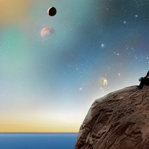 Image similar to is sitting on a cliff watching the planets orbit our skies