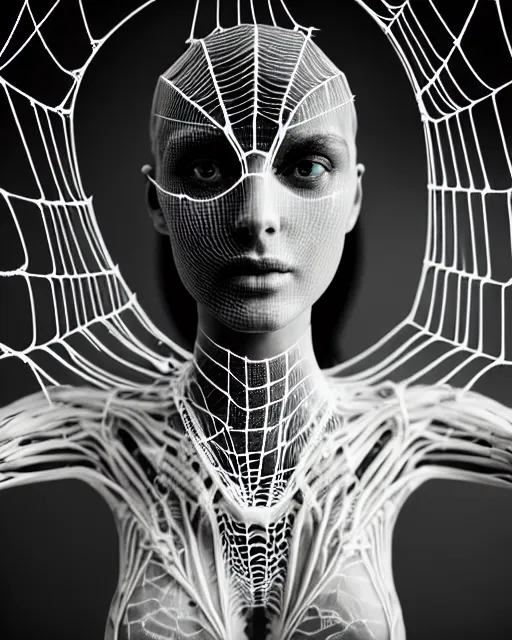 Image similar to black and white cyborg-plant goddess high quality portrait, artificial intelligence, bio-mechanical bio-luminescence, artificial spider web, neurons, nerve cells, octane render, cinematic, hyper realism, high detail, 8k, in the style of Steven Meisel and Dora Maar and H.G. Giger