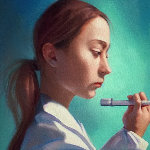 Prompt: girl wearing a labcoat in a biology lab, microscope on the table, expressive oil painting, matte art, trending on artstation, sunlit, octane render, brushstrokes, beautiful face portrait, beautiful lighting