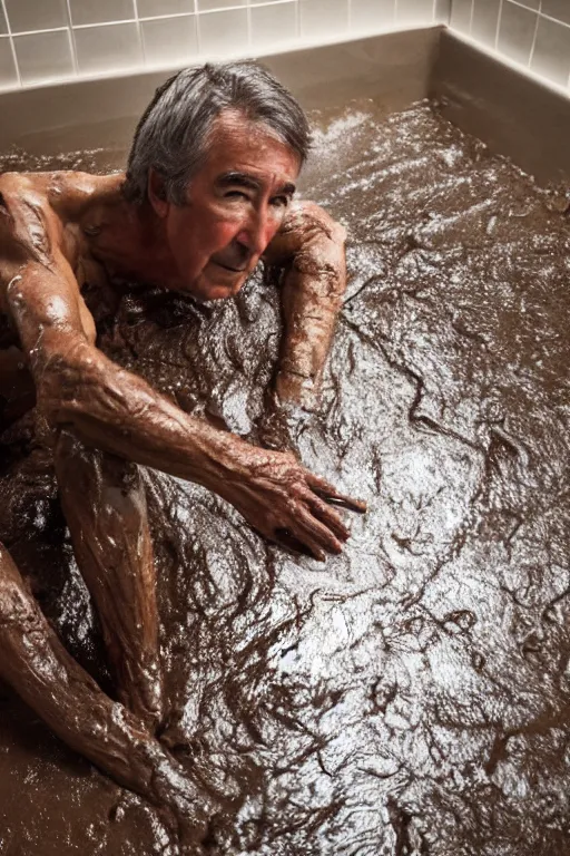 Prompt: cinematic still of randy mantooth covered in mud crawling on hands and knees across a bathroom floor, 4 k, dramatic lighting