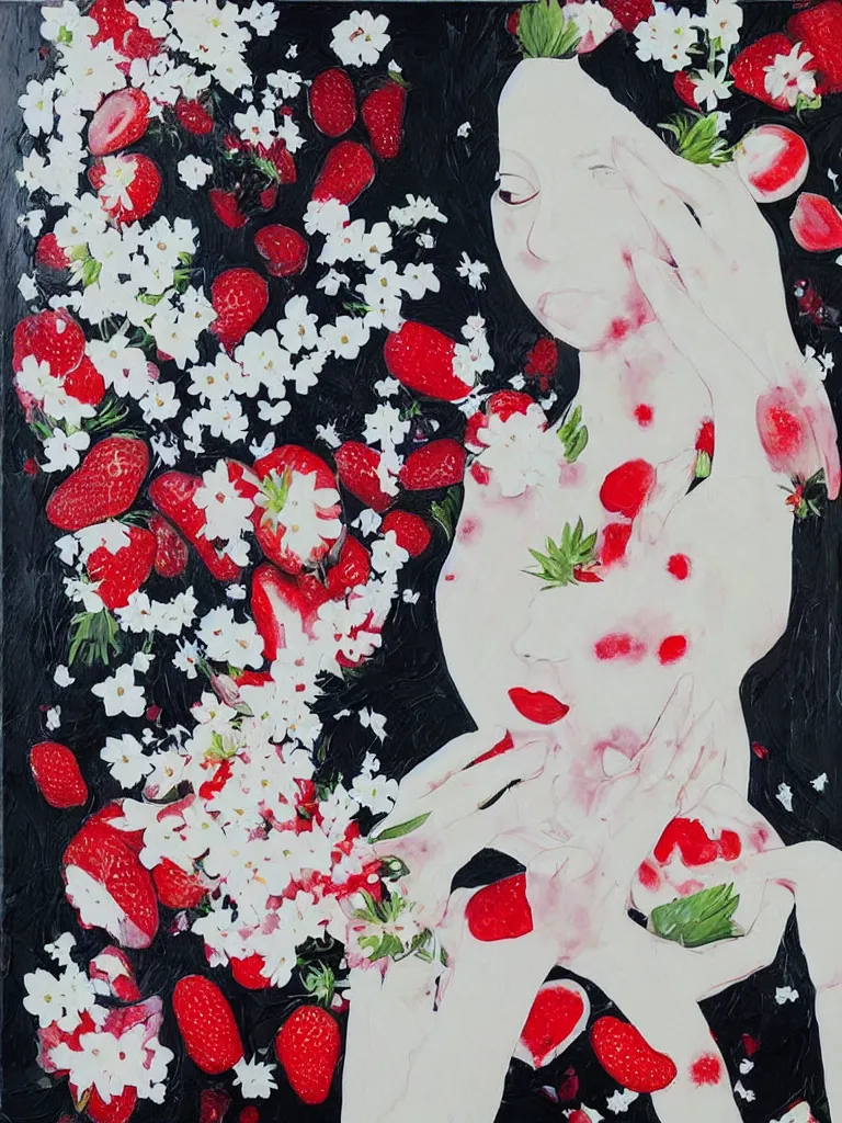 Image similar to “art in an Australian artist’s apartment, portrait of a woman wearing white muslin, eating luscious fresh raspberries and strawberries and blueberries, white wax, edible flowers, Japanese pottery, ikebana, black walls, acrylic and spray paint and oilstick on canvas”