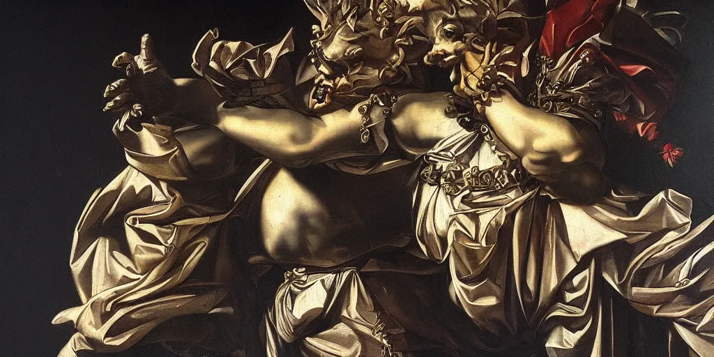 Prompt: beautifully detailed baroque oil painting of a gargoyle dressed as 17th century british nobility by caravaggio