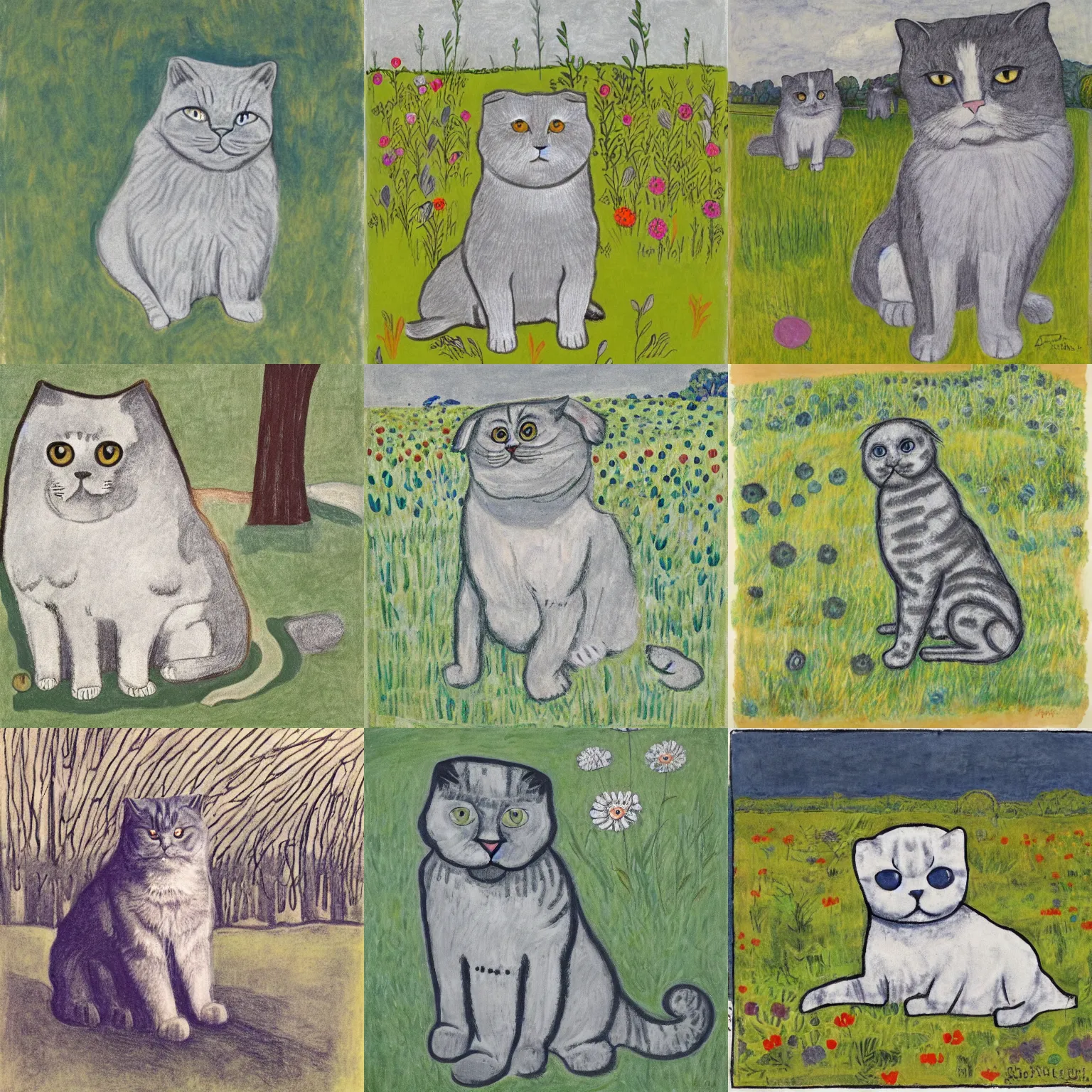 Prompt: a gray scottish fold sitting in the middle of sunny meadow, colored, by ben shahn