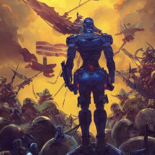 Image similar to a full body shot from distance from behind of a super soldier with a yellow and blue flag standing on a huge pile of skulls in triumph after battle, western, D&D, fantasy, intricate, elegant, highly detailed, digital painting, artstation, concept art, matte, sharp focus, symmetrical, illustration, art by Artgerm and Greg Rutkowski and Alphonse Mucha