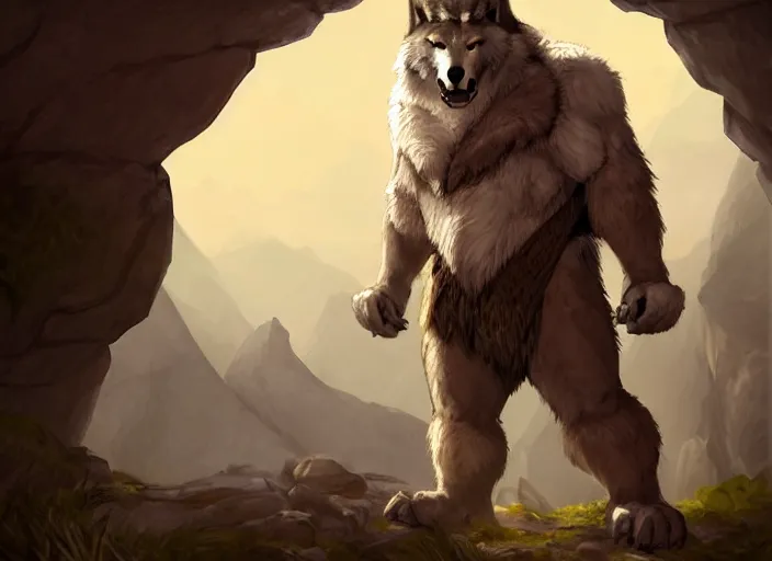 Image similar to burly character portrait feature of the anthro male anthropomorphic wolf fursona animal person wearing tribal primitive caveman outfit belt standing in the entrance to the cave, center framed character design stylized by charlie bowater, ross tran, artgerm, makoto shinkai, detailed, soft lighting, rendered in octane