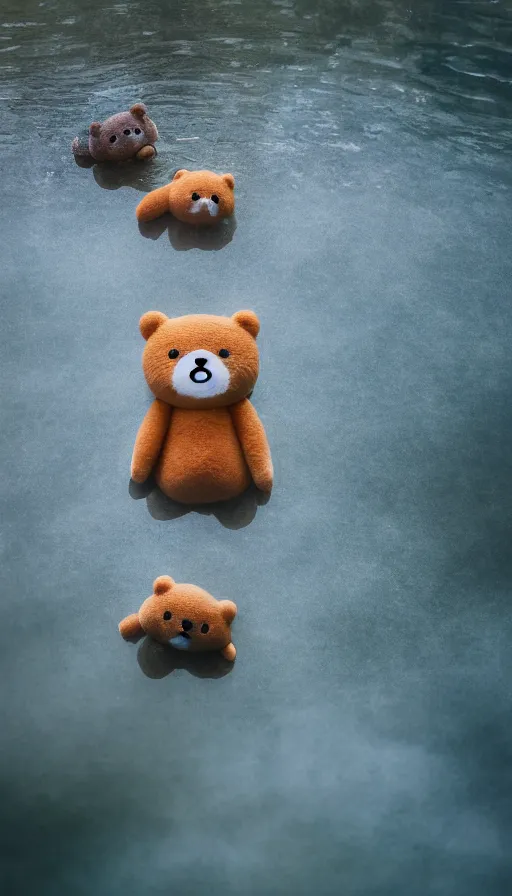 Image similar to 50mm f/2.3 wide shot photograph of two Rilakkuma plushies cuddling floating in midair after a long day, depth of field, dappled in evening light, like an Iwagumi Aquascape by Toshiko Mori, partially submerged hidden in the mist