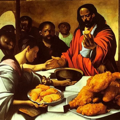 Image similar to black jesus eating fried chicken during the great war, oil painting, sacred art, illustration, caravaggio