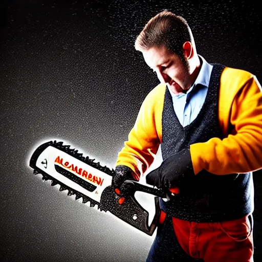 Prompt: photograph of a man with an CHAINSAW!!!!!!!!! head!!!!!!!!!! begging for food, 8k resolution, high detail, ULTRA REALISTIC VFX, reflections