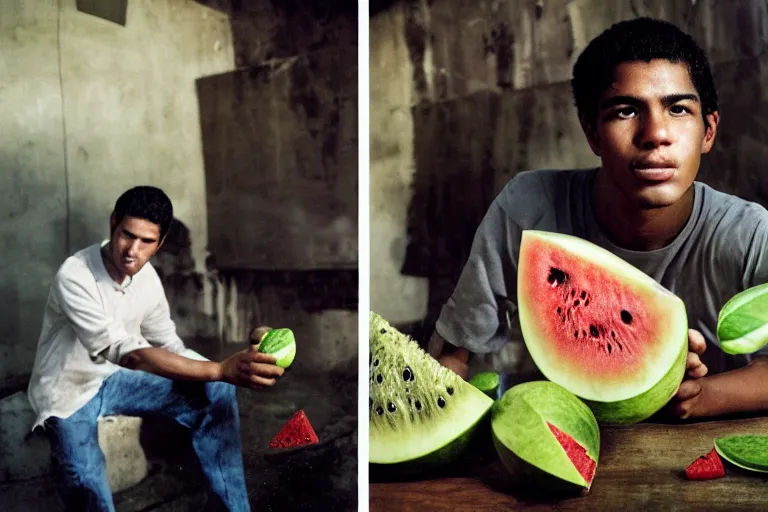 Prompt: closeup portrait of a young man punching a watermelon into a smoothie, magazine, press, photo, steve mccurry, david lazar, canon, nikon, focus