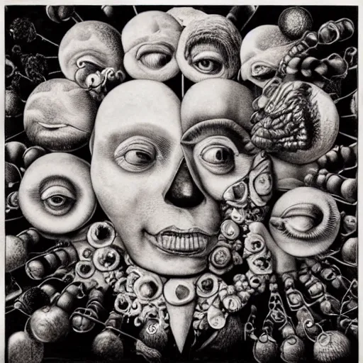 Prompt: album cover, new age, black, white, pink, psychedelic, space, giuseppe arcimboldo