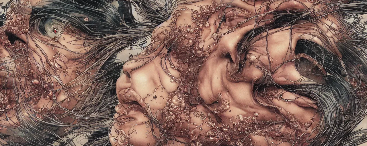 Image similar to closeup of face melting and tongues, by yoichi hatakenaka, masamune shirow, josan gonzales and dan mumford, ayami kojima, takato yamamoto, karol bak