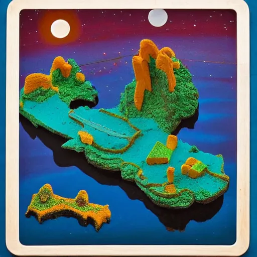 Prompt: play - doh, mayan by rafael zabaleta, by eddie mendoza defined, romantic. a photograph of a group of flying islands, each with its own unique landscape, floating in the night sky. the islands are connected by a network of bridges. a small group of people can be seen walking along one of the bridges.