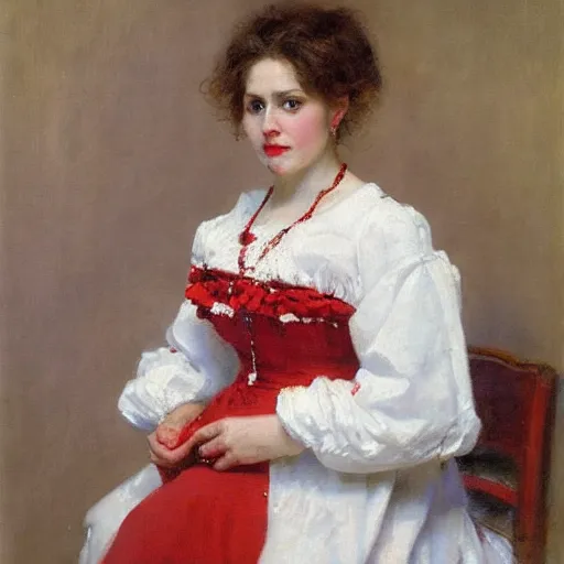 Image similar to portrait of a woman dressed in white and red, by nikolay makovsky.