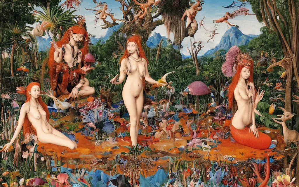 Image similar to a portrait photograph of a meditating mermaid shaman and a centaur monk feeding tropical animals at a wide river delta. surrounded by bulbous flowers, animals, trees and mushrooms. mountain range under a vast blue sky of burning stars. painted by jan van eyck, max ernst, ernst haeckel and artgerm, cgsociety, artstation, fashion editorial