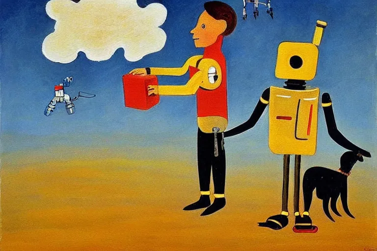 Image similar to a detailed painting of a ( ( ( ( ( boy and his robot dog ) ) ) ) ) by antoine de saint - exupery!!!!!!!!!!!!!!