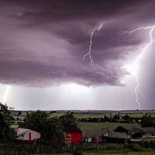 Image similar to a beautiful thunderstorm rolling over a small town, with the clouds illuminated slightly red, ominous, eerie, wayne barlow