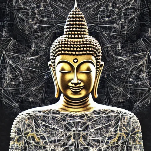 Prompt: robotic lifeform buddha meditating in front of a beautiful fractal neural network :: depth of field