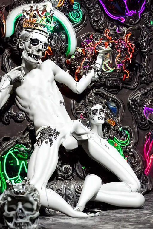 Image similar to full-body rococo and cyberpunk style neon statue of a young attractive Tanner Buchanan wearing cholo shades macho android sim roupa reclining con las piernas abertas, glowing white lasers, glowing eyes, white prince crown, black gears, diamonds, swirling mint-colored silk fabric. futuristic elements. full-length view. human skulls. large intricate artwork by caravaggio. Trending on artstation, octane render, cinematic lighting from the right, hyper realism, octane render, 8k, depth of field, 3D