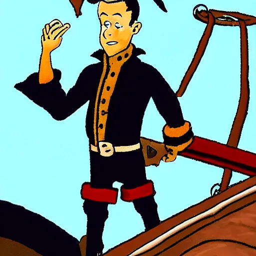 Prompt: a cool looking pirate, standing on the edge of the ship, big explosion on the background, in the style of tintin