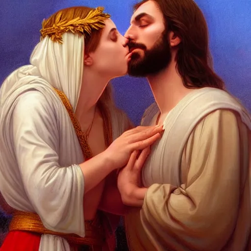 Prompt: jesus kissing a sensual woman in jerusalem, elegant, highly detailed, digital painting, artstation, concept art, matte, sharp focus, highly detailed, 4 k, hdr, smooth, sharp focus, high resolution, award - winning photo, photorealistic, art by artgerm and greg rutkowski and alphonse mucha, large shot