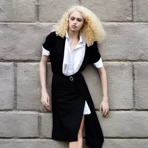 Image similar to a blond bombshell that is male, androgynous pretty pale skin, long curly blond hair, white shirt and black miniskirt