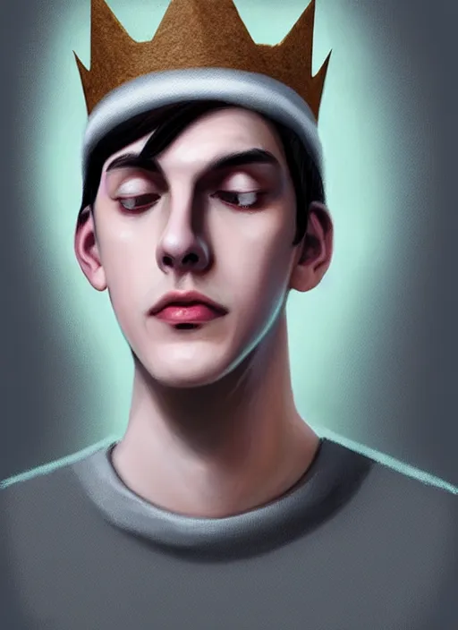 Image similar to portrait of teenage jughead jones wearing a light grey crown, photorealistic, crown, sweater with letter s on it, hamburger, eyes closed, crown, black hair, intricate, elegant, glowing lights, highly detailed, digital painting, artstation, concept art, smooth, sharp focus, illustration, art by wlop, mars ravelo and greg rutkowski