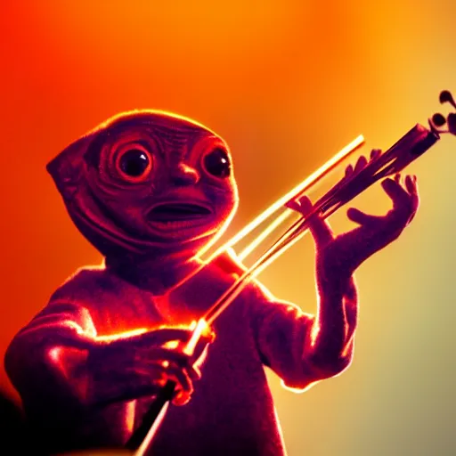 Image similar to E.T. playing the violin in the spotlight on stage with his heart glowing