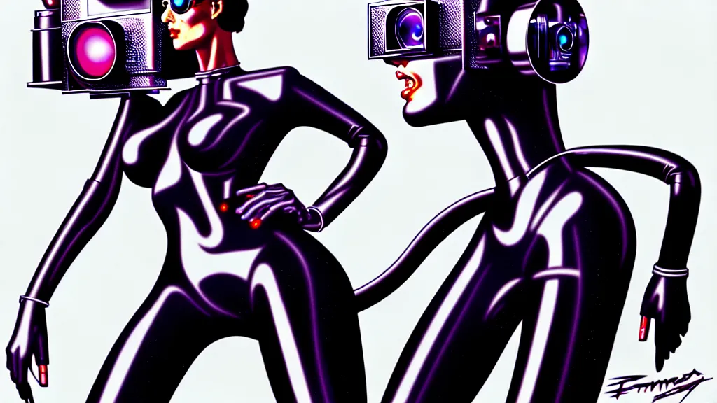 Prompt: a modern retrofuturistic illustration, a camera pointed at the viewer made of shiny chrome in the style of Hajime Sorayama