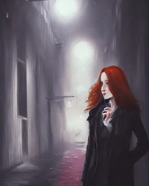 Prompt: A ultradetailed beautiful portrait painting of a redhaired woman in a black trenchcoat smoking a cigarette in a dark alley at night. trending on deviantart, film noire, Greg Rutkowski.