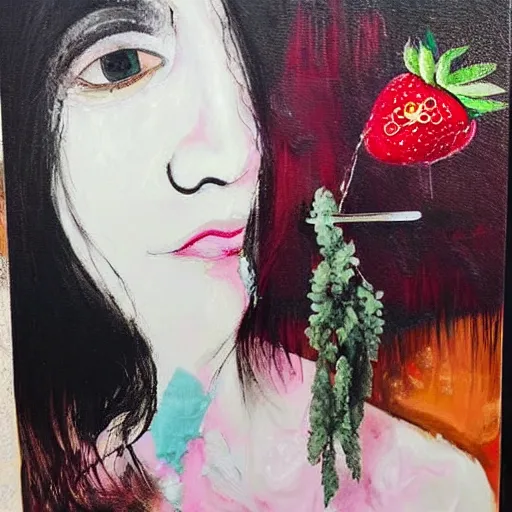 Image similar to “ a portrait in a female art student ’ s apartment, sensual, a pig theme, art supplies, paint tubes, ikebana, herbs, a candle dripping white wax, black walls, squashed berries, berry juice drips, acrylic and spray paint and oilstick on canvas, surrealism, neoexpressionism ”