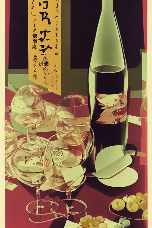 Prompt: wine and wineglass advertisment, still life, 1 9 7 0 s japan shouwa advertisement, print, nostalgic