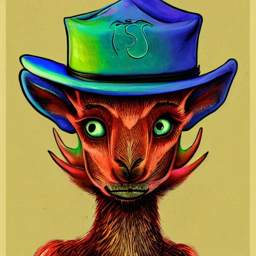 Image similar to a dik dik monster with tattoos wearing a fedora, colorful, digital art, fantasy, magic, trending on artstation, ultra detailed, professional illustration by basil gogos