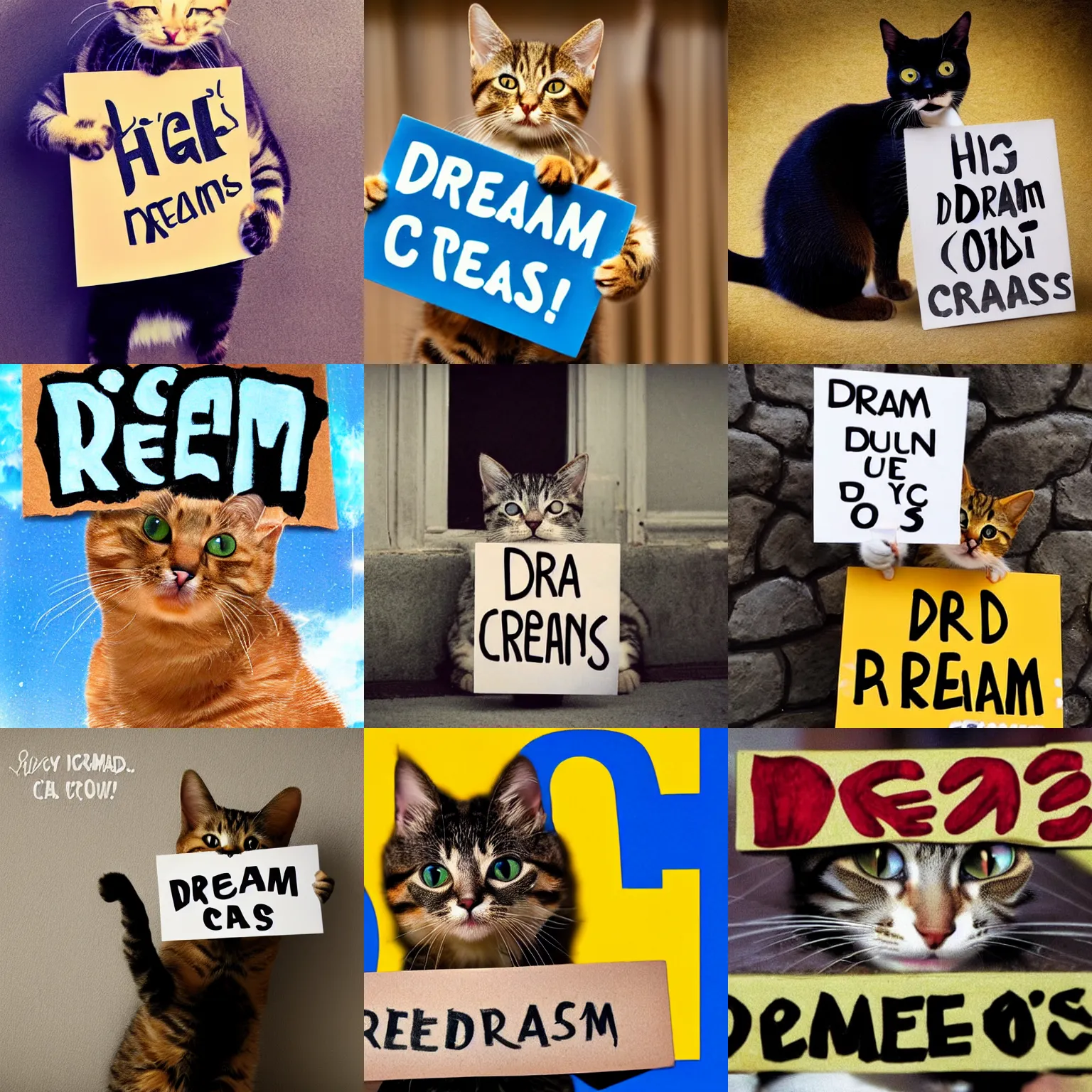 Prompt: realistic high quality photo of a cute cat holding a sign with text that reads : dream cats