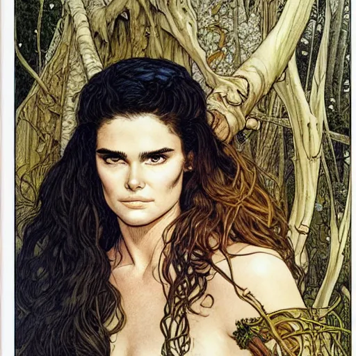 Prompt: a realistic, very beautiful and atmospheric portrait of young brooke shields aged 1 8 as a druidic warrior wizard looking at the camera with an intelligent gaze by rebecca guay, michael kaluta, charles vess and jean moebius giraud