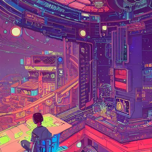 Image similar to explorer with cyberpunk headpiece playing video games in his treehouse, highly detailed, 4k, midnight, by Victo Ngai and James Gilleard , Moebius, Laurie Greasley, adventure time colour palette