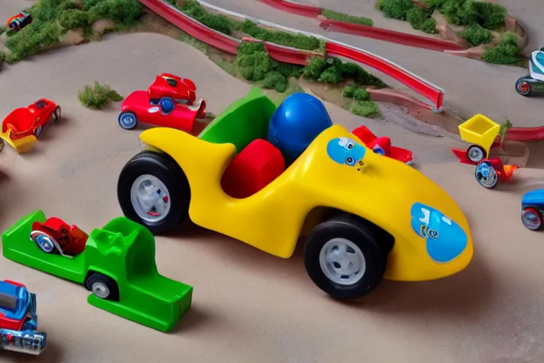 Prompt: fisher price race car through suburban mountains, construction in the distance Scene from TV show 85mm