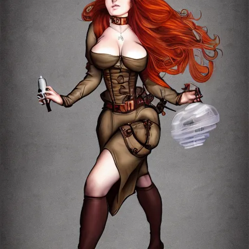 Image similar to redhead steampunk alchemist's body is accidentally inflated with air by an experiment gone wrong. her clothes are stretched tightly around her and she's about to burst from overinflation. hyper realistic full body image