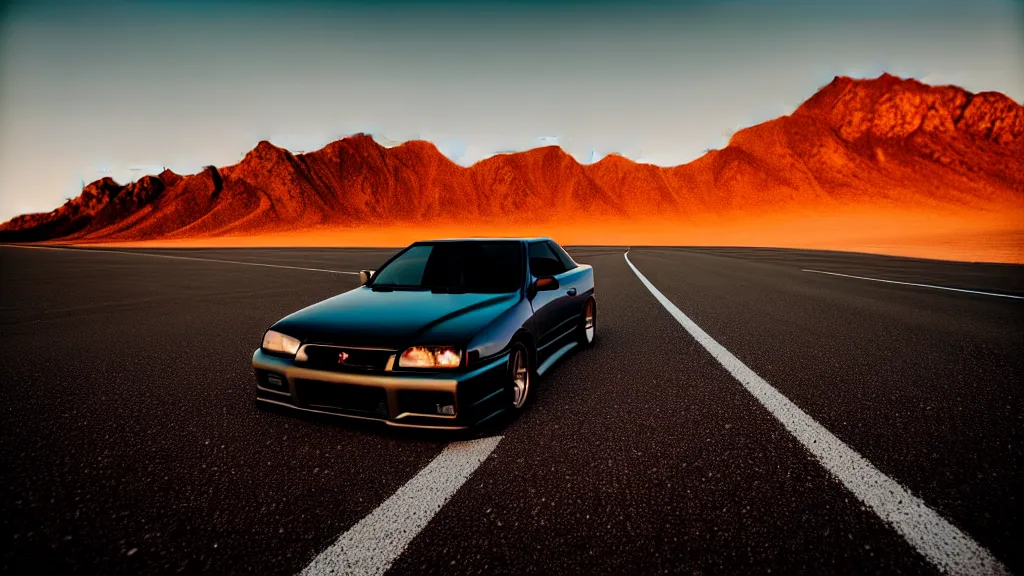 Image similar to three quarter front photo of a stock dark grey nissan r 3 2 skyline gtr on a road in a desert with a mountain in the background in the early morning, car photography, depth of field, depth blur, zoom lens, blue hour, photorealistic