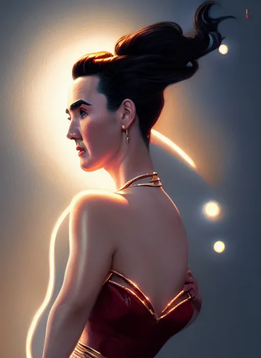 Image similar to portrait of 1 9 5 0 s darna, jennifer connelly, intricate, elegant, glowing lights, highly detailed, digital painting, artstation, glamor pose, concept art, smooth, sharp focus, illustration, art by wlop, mars ravelo and greg rutkowski