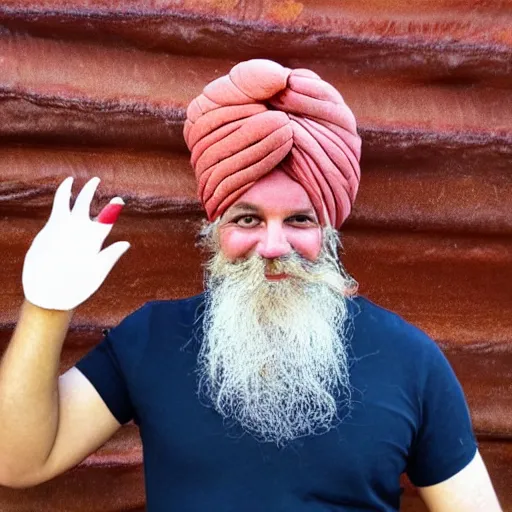 Prompt: man wearing turban made out of bacon