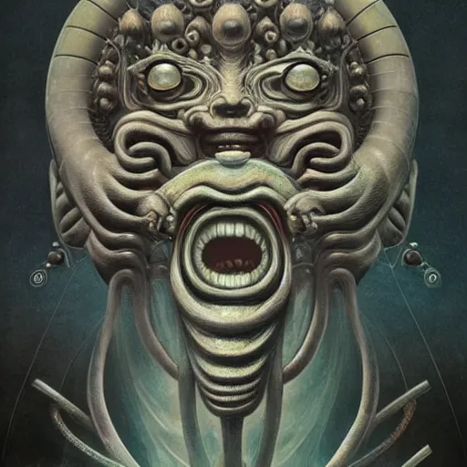 Image similar to a naraka buddhist alien demon korean, thailand art, tubular creature, blood vessels, black energy, dystopian surrealism, artstyle alex ries zdzisław beksinski, symmetry accurate features, very intricate details, high resolution, symmetrical long head, smooth marble surfaces, detailed ink illustration, metal gear, cinematic smooth stone, deep aesthetic, concept art